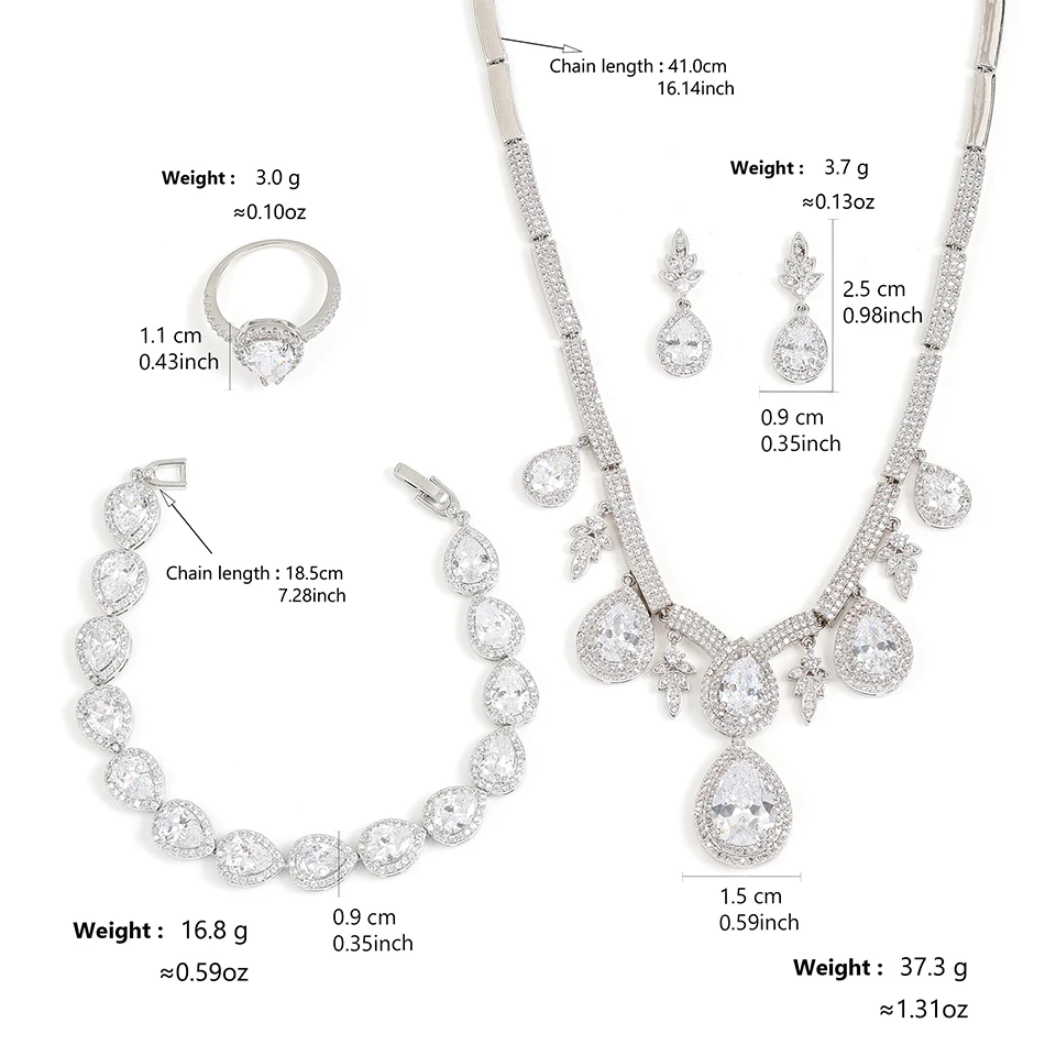 ZAKOL Luxury Cubic Zirconia Necklace Earrings Rings Set for Women Shinny Water Drop Leaf CZ Bridal Wedding Jewelry Sets