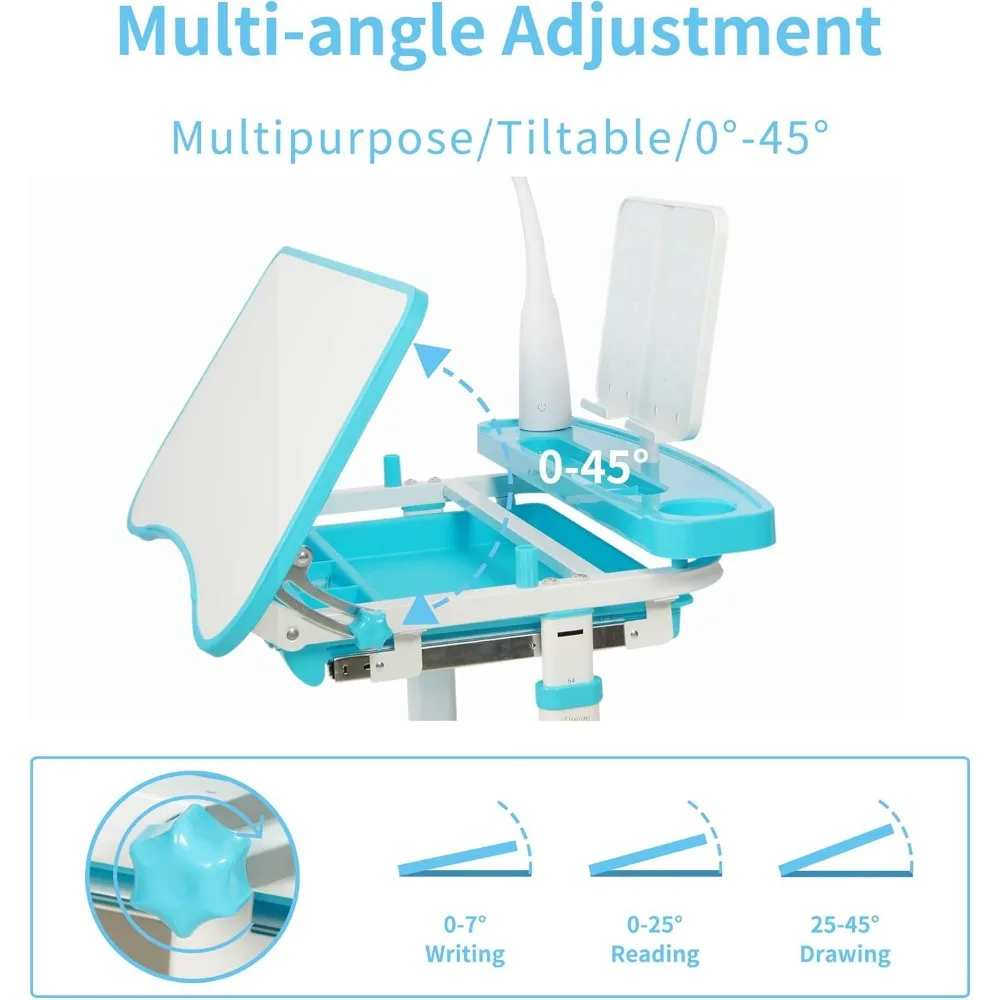 Juego de escritorio y silla de estudio para niños, escritorio multifuncional de altura ajustable, escritorio de estudio escolar con inclinación, estantería