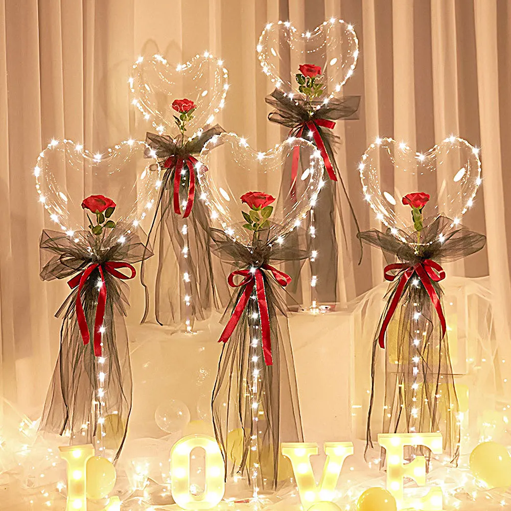 Led Heart Rose Bobo Balloons Valentine's Day Light Up Bubble Balloons Inflatable Balls Wedding Decoration for Guests