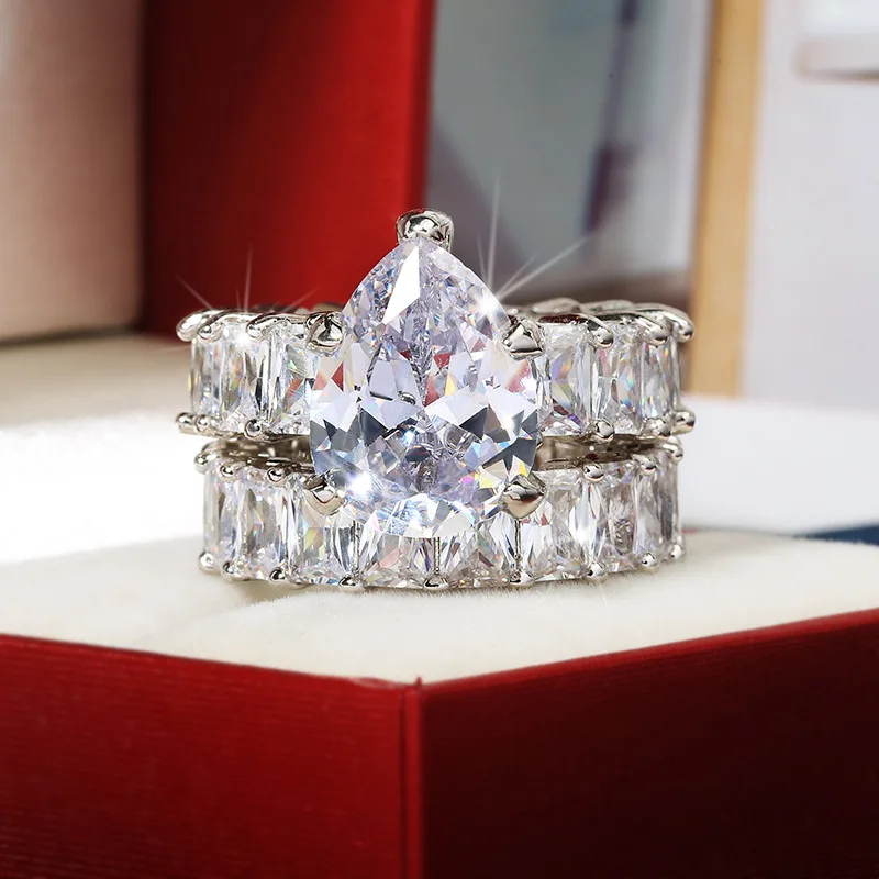 925 sterling silver hot selling European and American fashion two-piece jewelry set 5A zircon exquisite high-end luxury ring