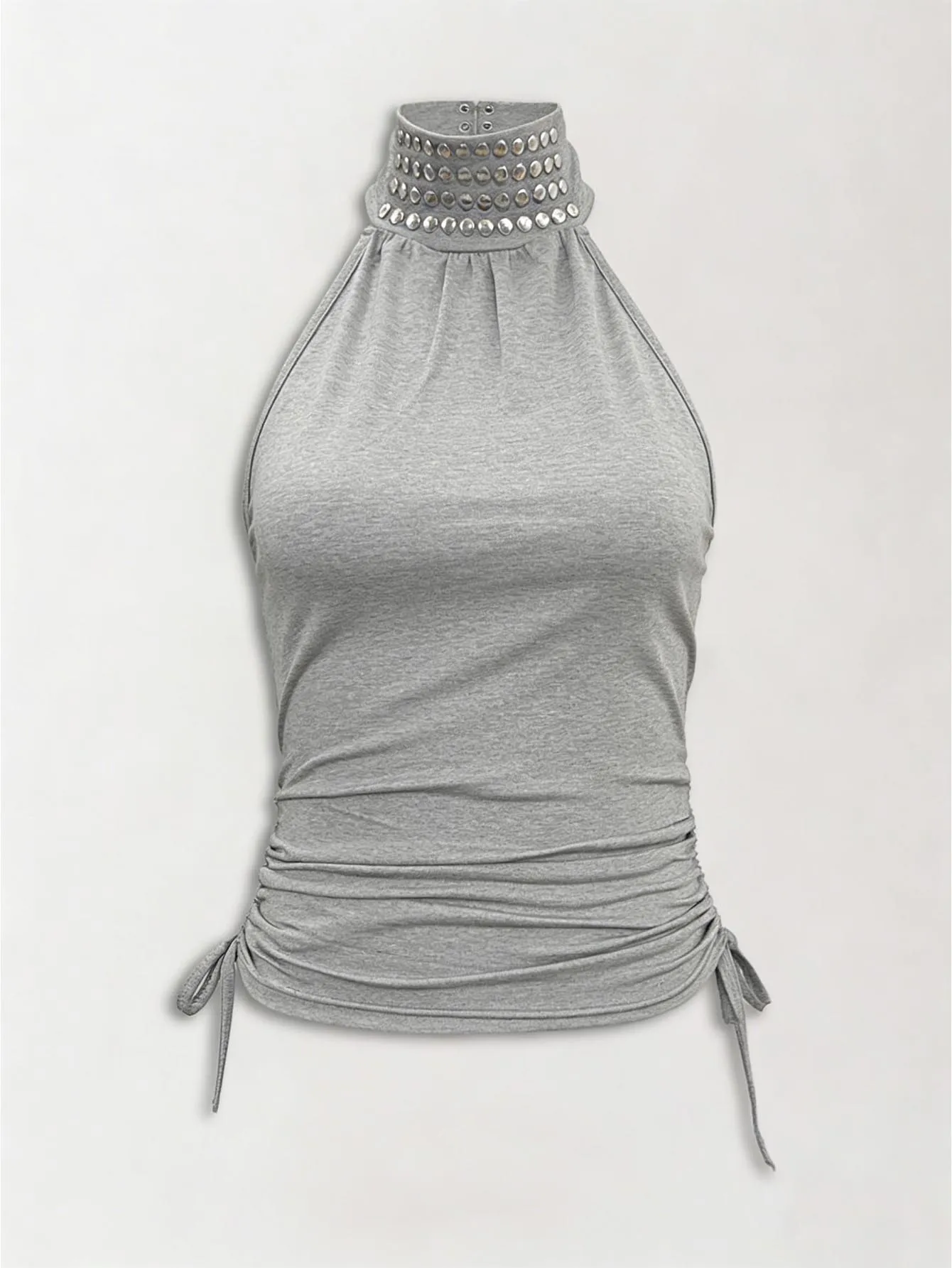 Vintage Heather Grey High Neck Halter Top für Damen mit Nietenkragen und Kordelzug-Design für sommerliche Freizeitkleidung.