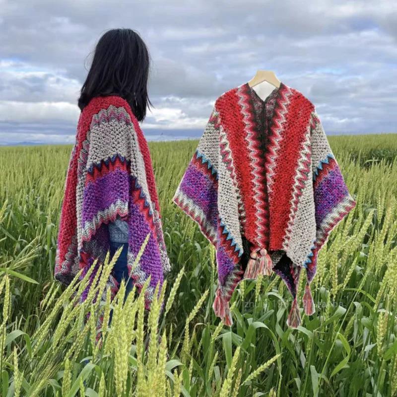 Ethnic Wind Knitted Cardigan Travel Photo Dual-use Shawl Yunnan Travel Air Conditioning Outside The Female Warm Cloak