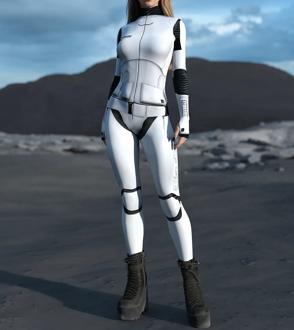 Frauen-Roboter-Futuristischer Weißer Rüstungs-Bodysuit für Erwachsene, Rollenspiel-Leotard, Steampunk-Kostüm für Party, Show, Bühnenauftritt, Karneval – Detail 4