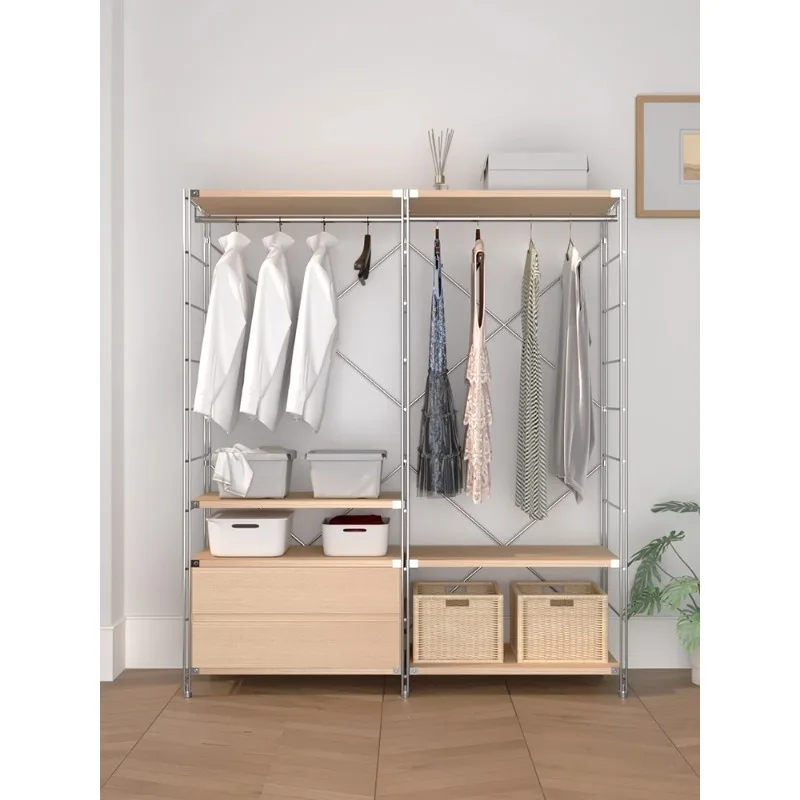 Open cloakroom Floor-to-ceiling walk-in closet Home bedroom Wrought iron hanging hanger Multifunctional storage rack