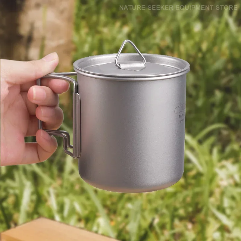 CIEUIS Titanium Cup Camping Ultralight Titanium Pot Cooker Outdoor Camping Picnic Mug Tableware with Foldable Handle Cutlery