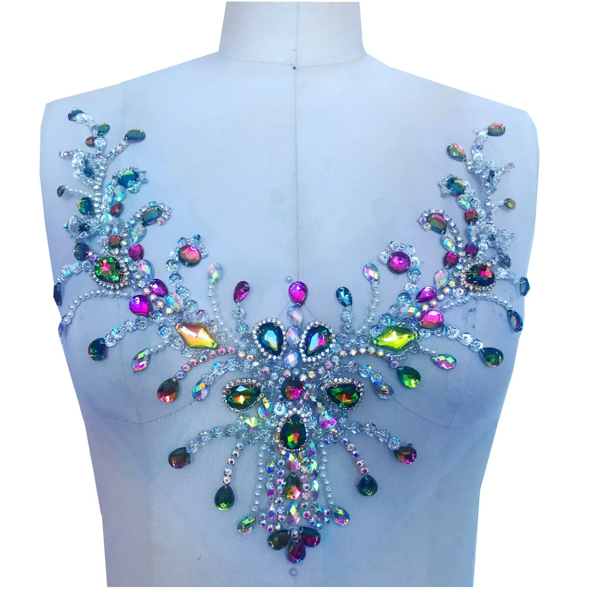 

DIY Bridal Evening Dress Decoration and Trims V Neck Embellishment Hand-Sewn Multicolor Crystal Sequin Patches Accessories