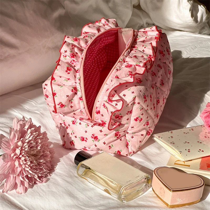 Large Capacity Cute Bow Flower Cosmetic Bag for Women Girls Makeup Organizer Travel Toiletry Bag Zipper Lipstick Storage Bag New