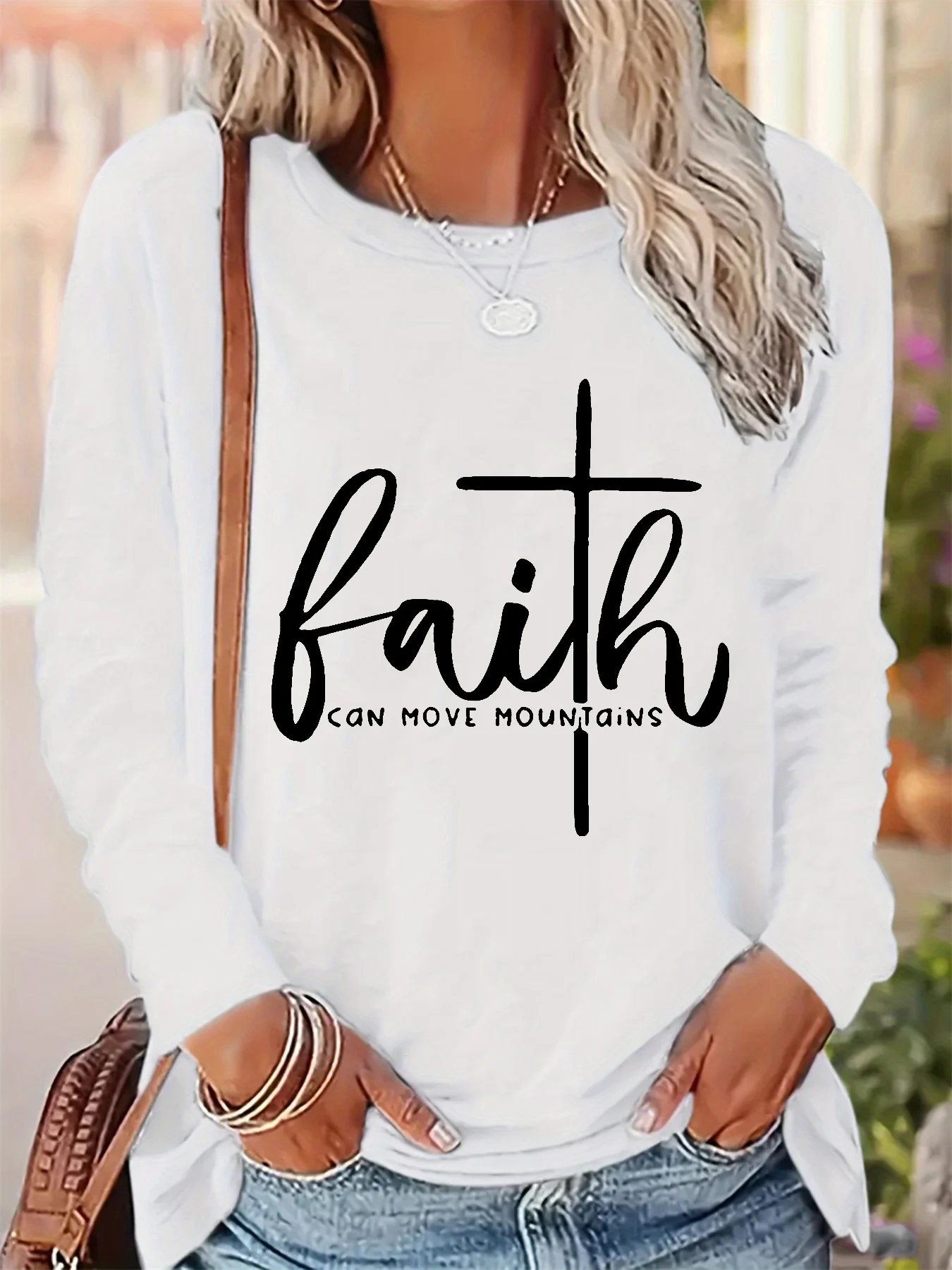 Primavera e outono feminino 100% algodão puro moda casual solto carta padrão impresso em torno do pescoço manga comprida camiseta topo