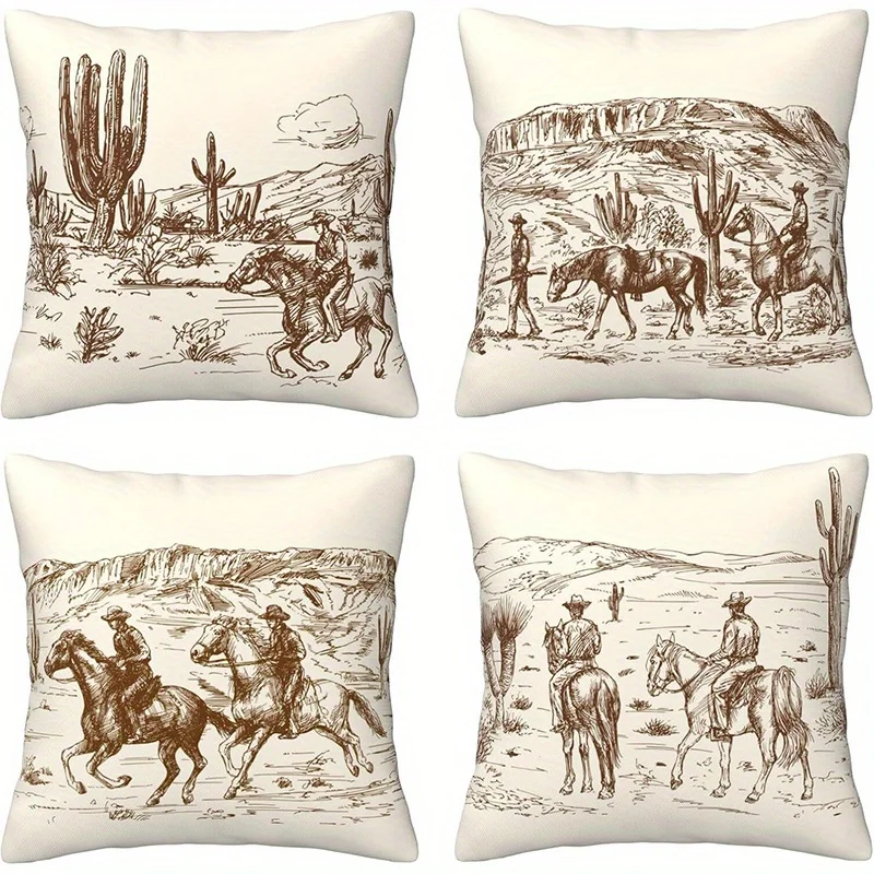 Kurzer Plüsch-Kissenbezug, Heimdekoration, Cowboys und Pferde, Western-Wüsten-Kissenbezug-Muster, Kissenhülle, geeignet für Sofa