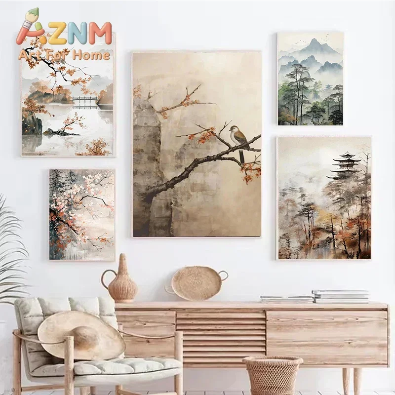 Zen Peaceful Chinese Landscape Poster Prints Bird Still Life Canvas Painting Modern Minimalist Wall Art Living Room Home Decor