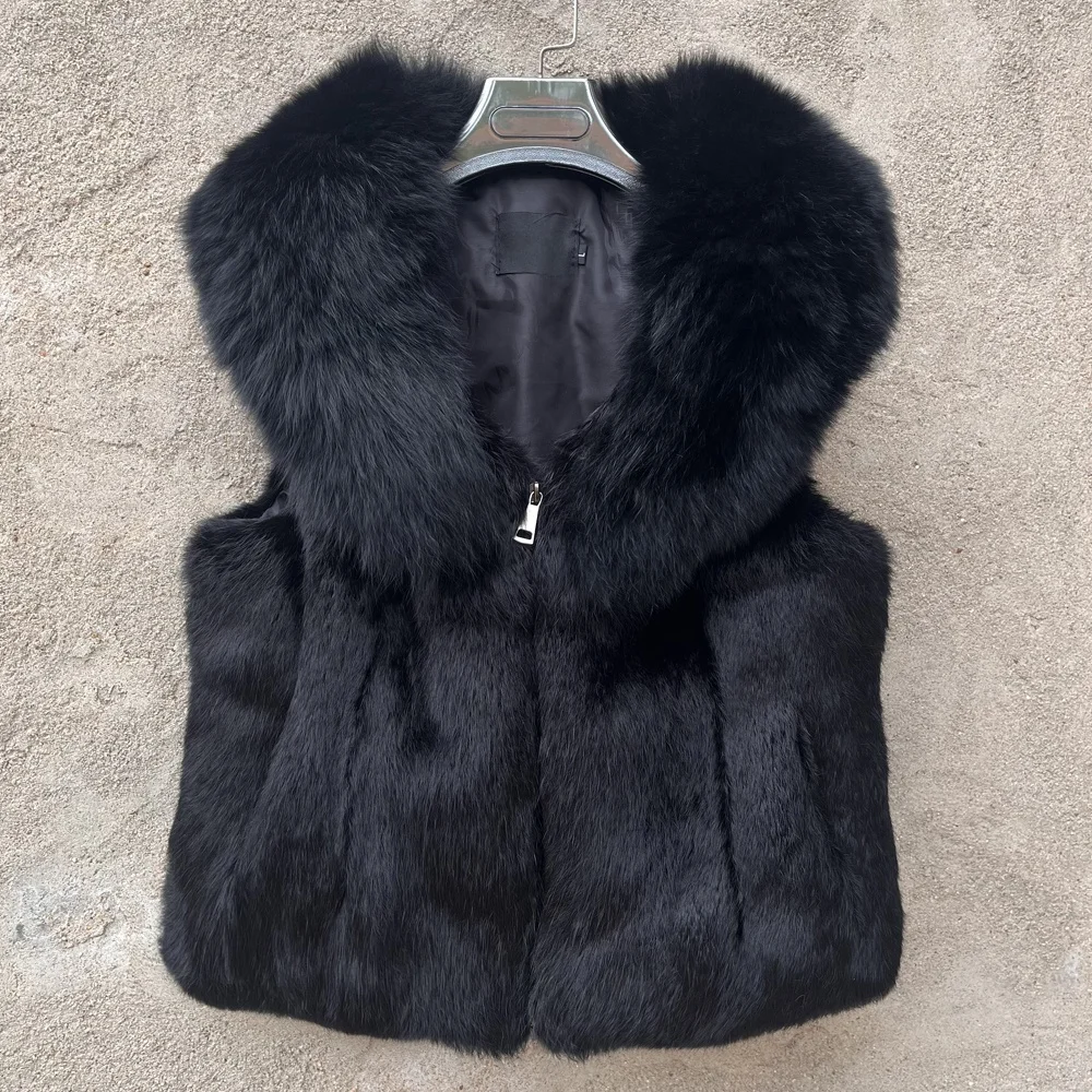 

Real Rabbit Fur Vest with Collar Zipper Integrated Leather And Fur Women's Warmth Clothing Short Model No Sleeve