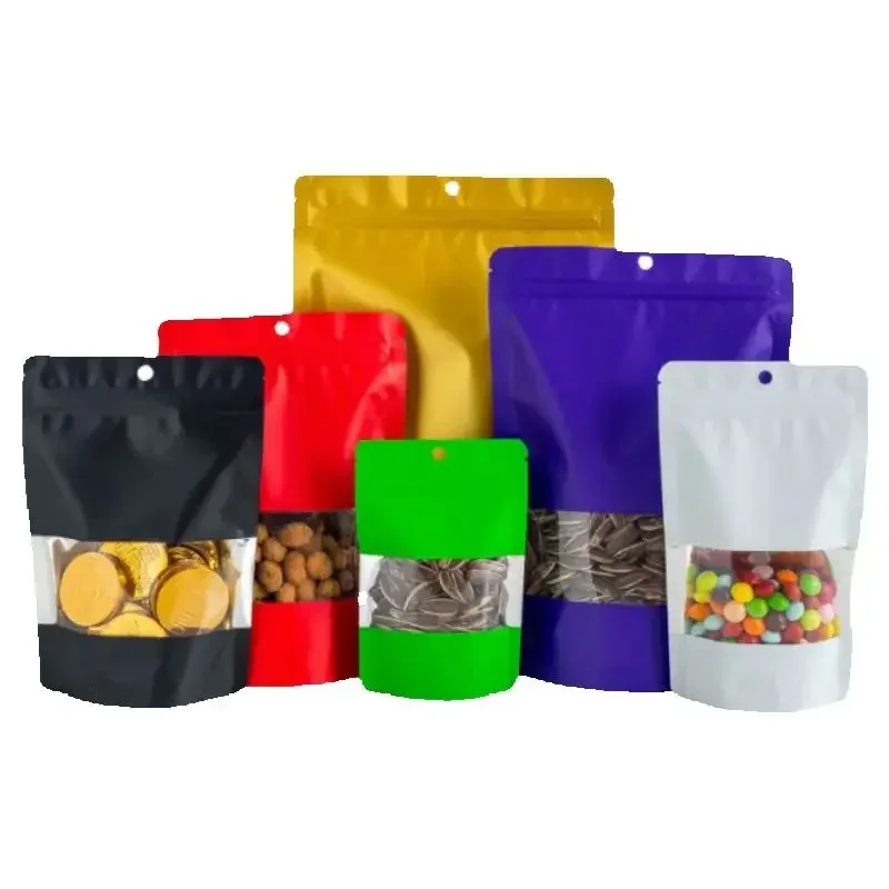 

100PCS Clear Window Stand-up Ziplock Hanging Packaging Bag DIY Matcha Cocoa Sugar Candy Snack Coffee Spice Gift Storage Pouches