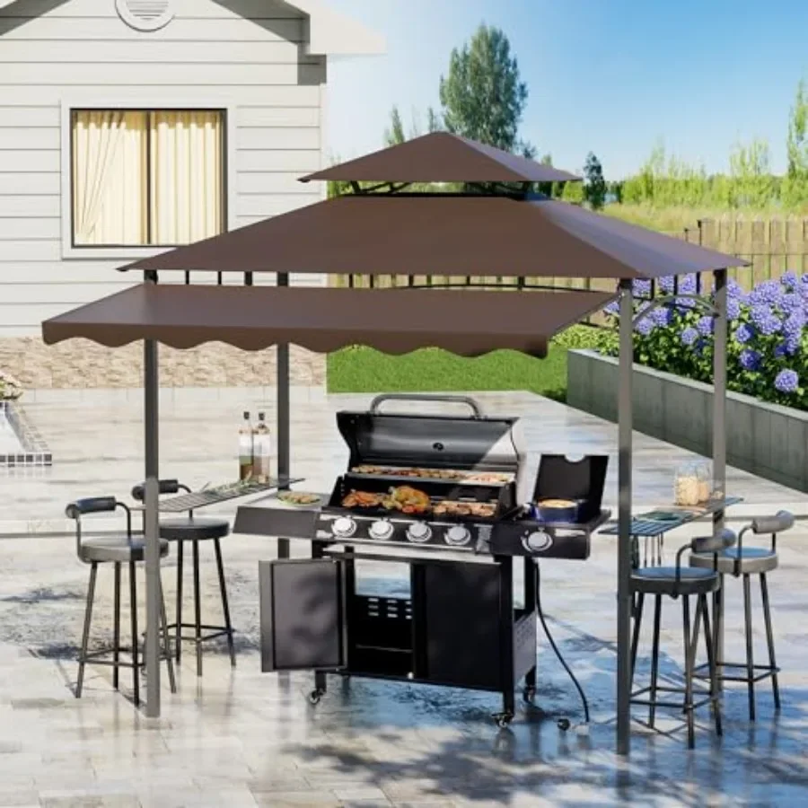Outdoor BBQ Gazebo, 8x8 Ft Patio Grill Gazebos with Extra Adjustable Shadow, 2-Tier Grill Canopy with 2 Shelves 6 Hooks, Barbeq