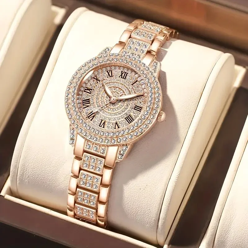 Orologi da donna di lusso con diamanti Bracciale Hip Hop Orologio al quarzo da donna Orologio da polso da donna in oro rosa Cristallo lucido Reloj Mujer
