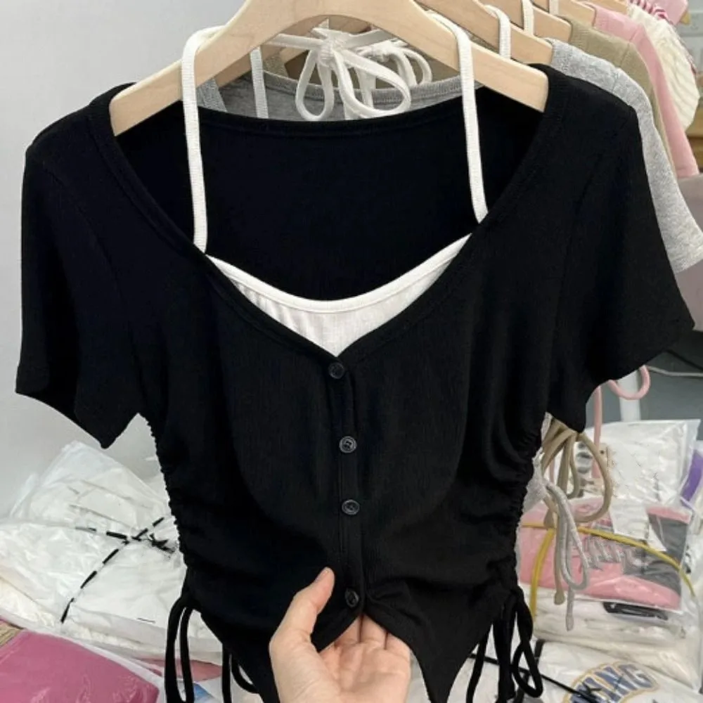 أنيقة الكورية وهمية قطعتين أعلى الشارع الشهير قصيرة الأكمام سترات خفيفة الوزن السباغيتي حزام الجمالية الرسن تانك الأعلى الفتيات