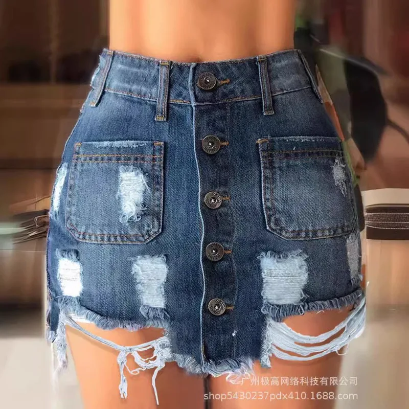 

2024 Summer New Women's Clothing Single-Breasted Pocket Stitching Ripped Tight Denim Skirt Mini Shorts Jeans Pants Slim