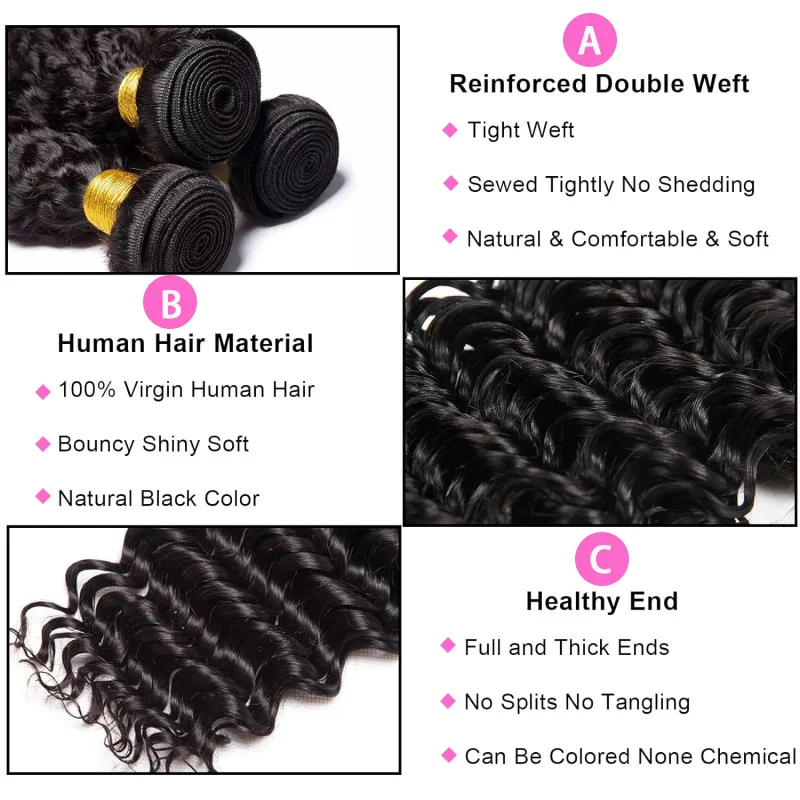 Deep Wave Human Hair Bundles With Closure 4x4 Lace Frontal 3 Bundles Real Human Hair With Closure Extensions 30 Inch For Woman