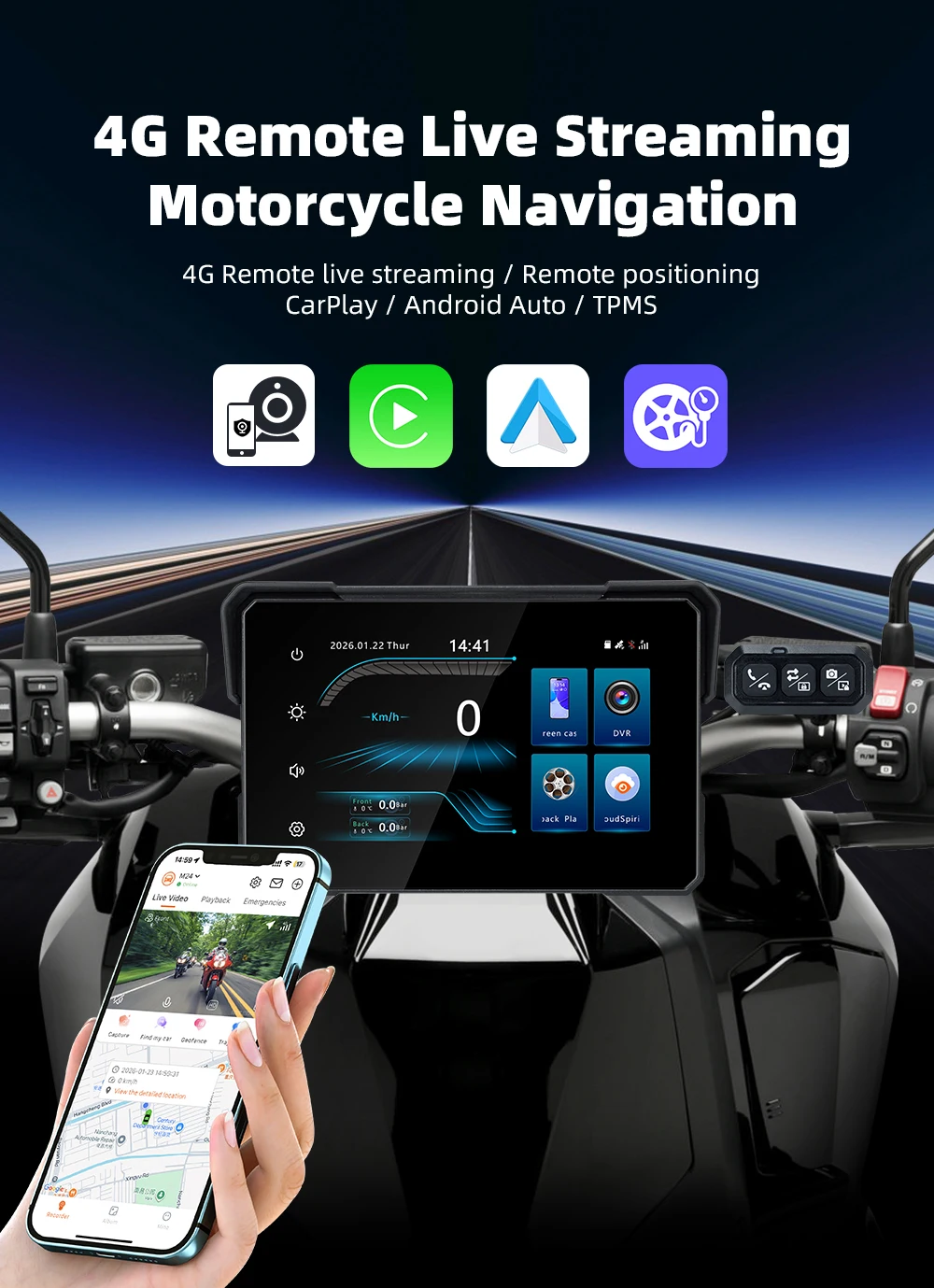 7Inch Linux Motorcycle Wireless Carplay/Android Auto with TPMS/2Ch-DVR/GPS/Navigation/4G Remote Live Streaming/WIFI/Bluetooth5.0