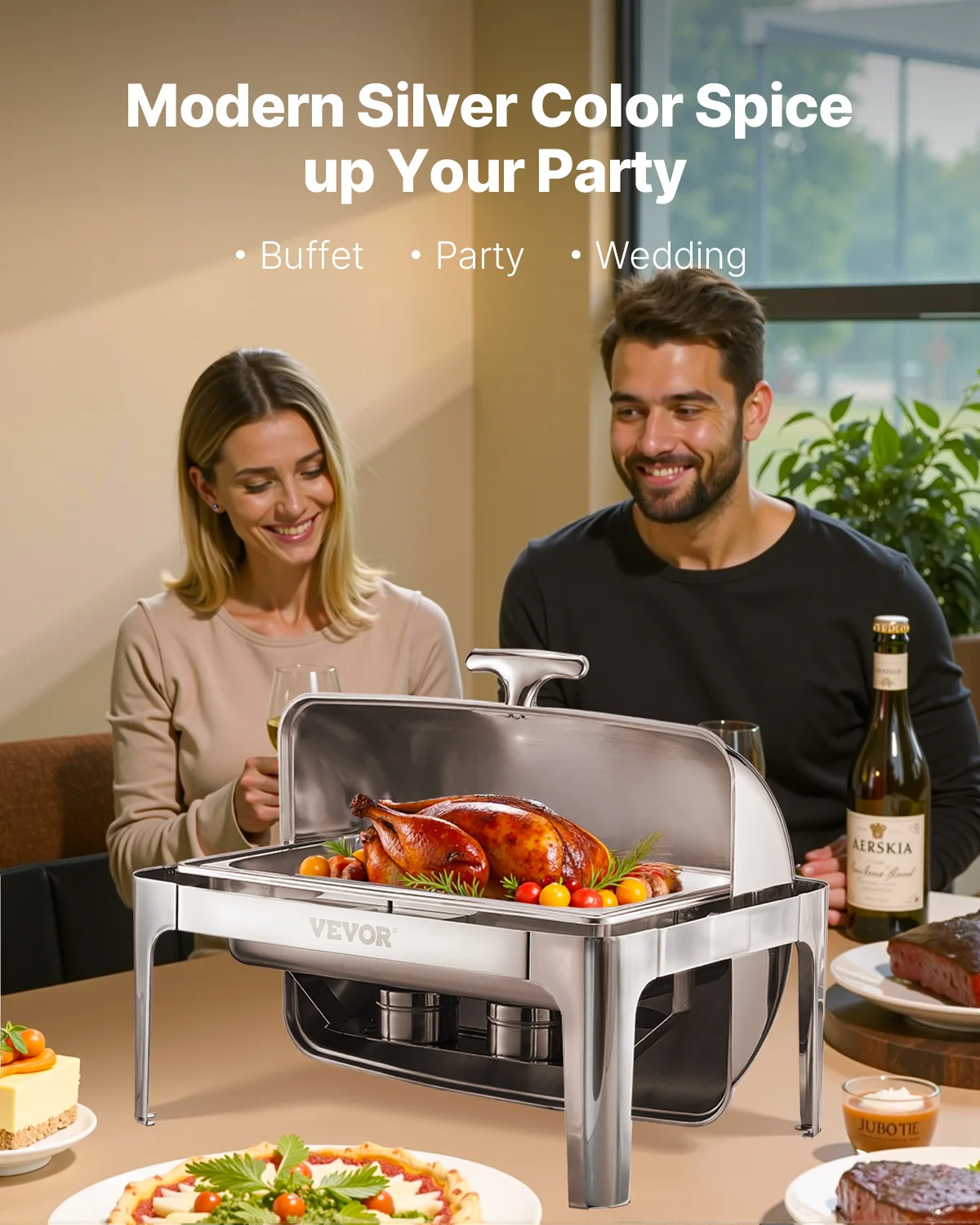 SucceBuy 9Qt لفة أعلى الغضب طبق بوفيه مجموعة كاملة الفولاذ المقاوم للصدأ الشافر ث/كامل الحجم عموم مستطيل تقديم الطعام دفئا الخادم