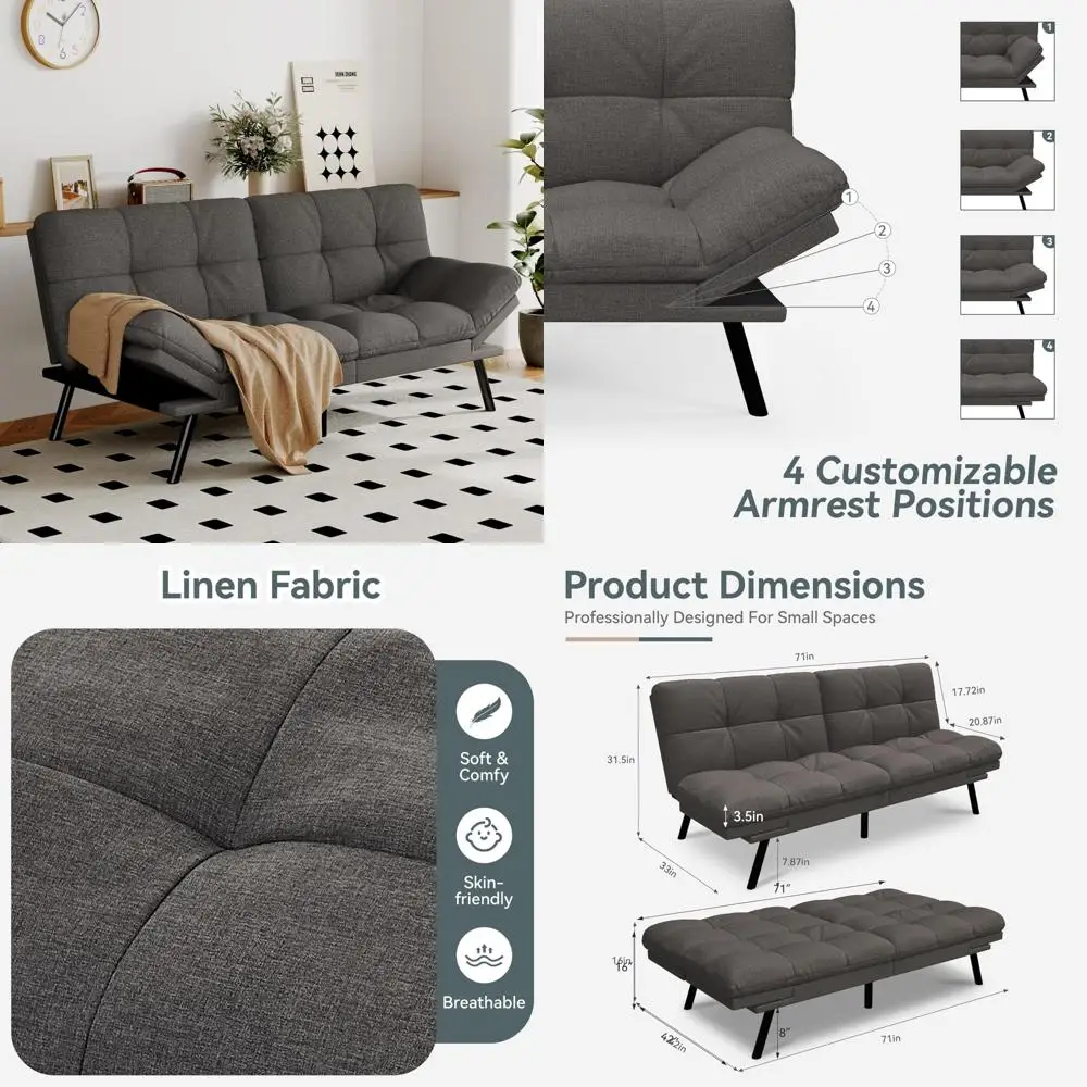 أريكة سرير فوتون قابلة للتحويل من الكتان الرمادي مع مسند ظهر ومساند للذراعين قابلة للتعديل وأريكة نوم قابلة للطي