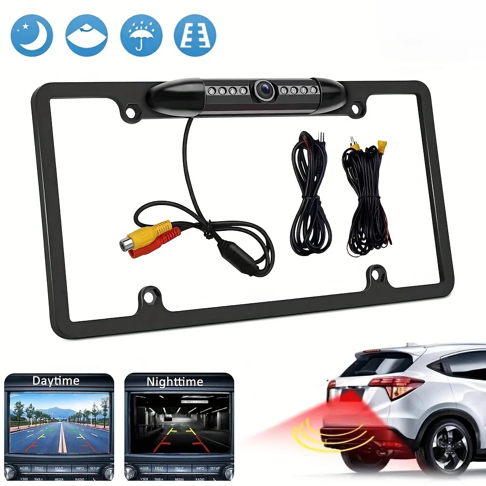 

Car Rear View Camera with US License Plate Frame - Night Vision IR LED - Weatherproof Backup Cam for SUV, Pickup