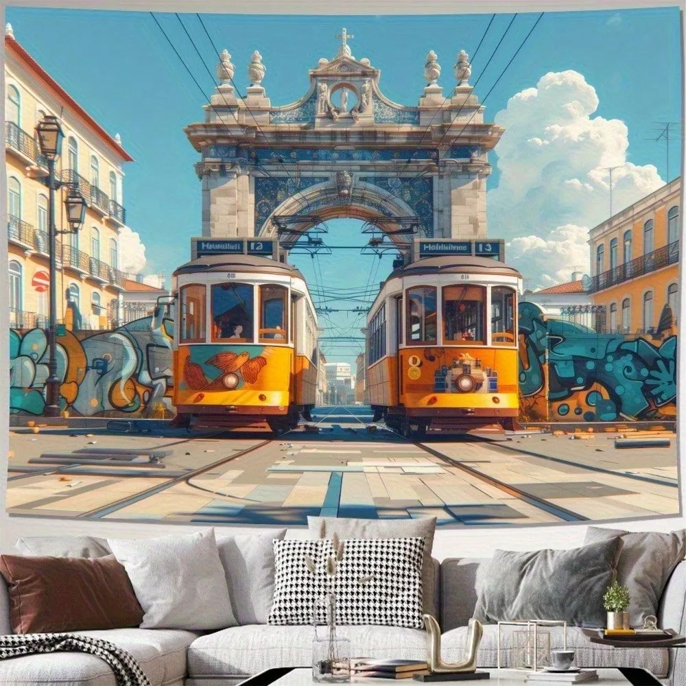 1pc European City Street Tram Tapestry Graffiti Art Wall Hanging Urban Landscape Decor Bedroom School Start Season Gift