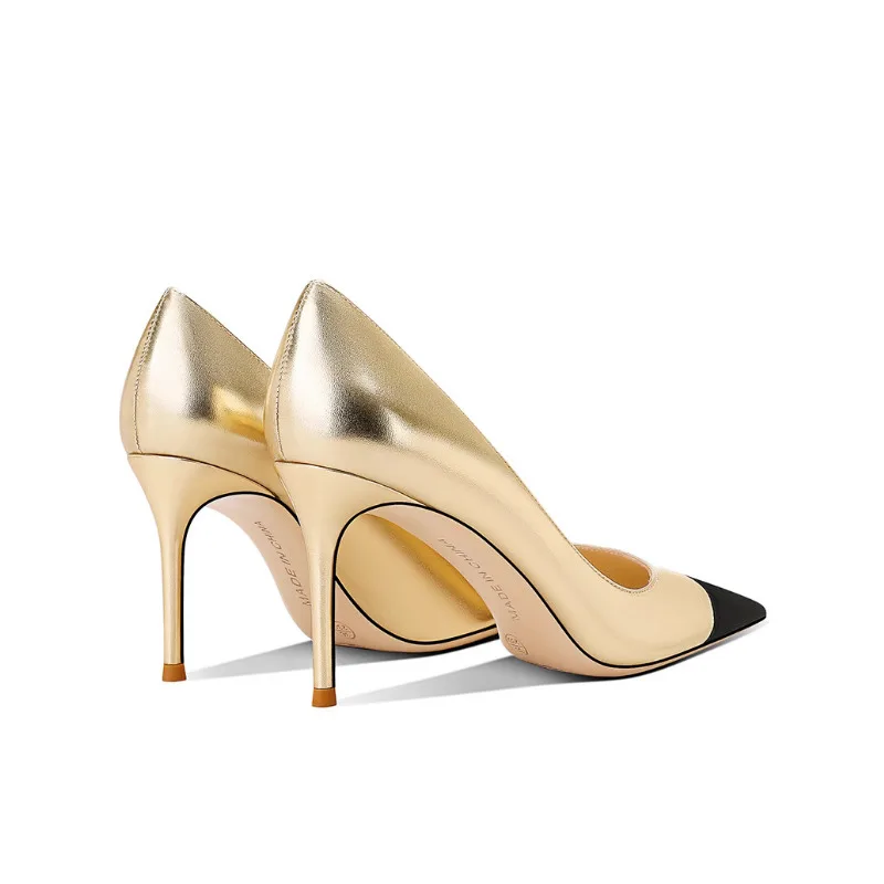 حذاء نسائي بكعب عالٍ من الجلد الطبيعي 2025 حذاء ذهبي جديد بمقدمة مدببة وكعب نحيف أنيق ومتعدد الاستخدامات #5