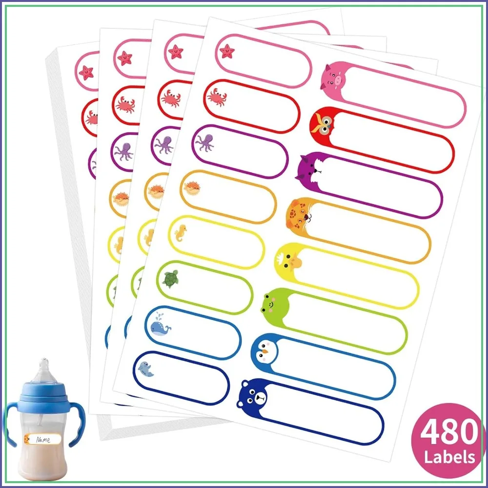 480 Animal Waterproof Labels for Kids - Dishwasher Safe Name Stickers for Bottles, School Supplies
