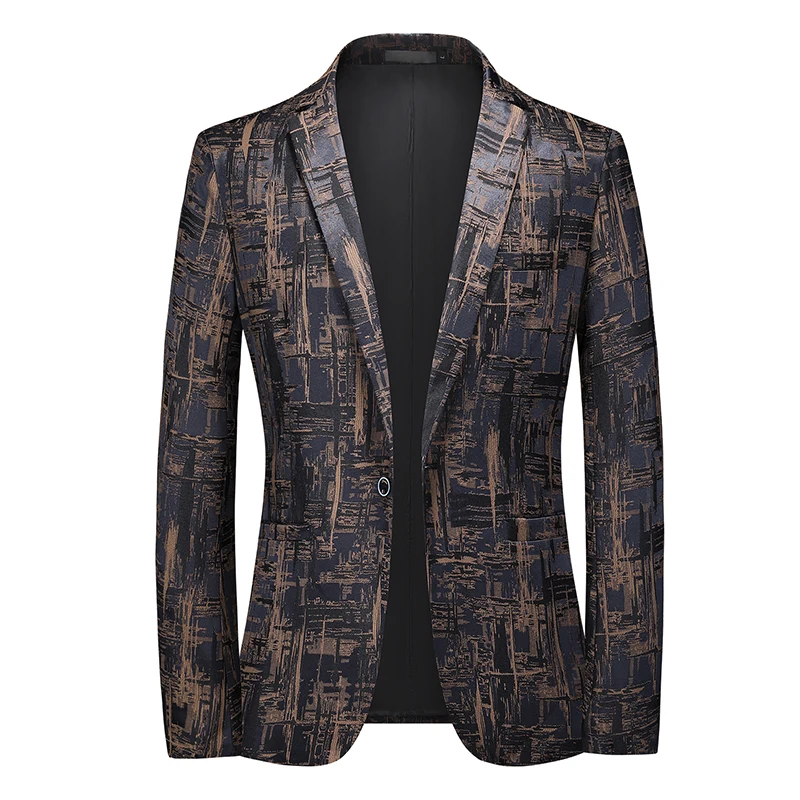 

2026 Fashionable Gold Embossed Men's Suit Jacket All Seasons Slim Fit Large Size Korean Style Casual Wear Formal Outerwear
