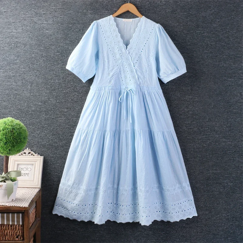 

Summer Sweet Mori Girl Hollow Out Embroidered Dress Women Short Sleeve V Neck Casual Loose Cotton Midi Dresses