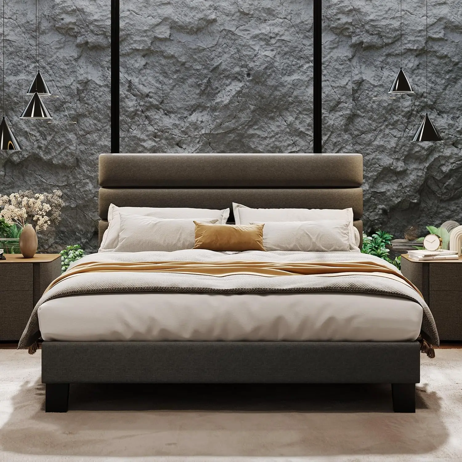 Base de Cama Queen con Plataforma, Cabecera Tapizada en Tela y Soporte de Listones de Madera, Base de Colchón Totalmente Tapizada