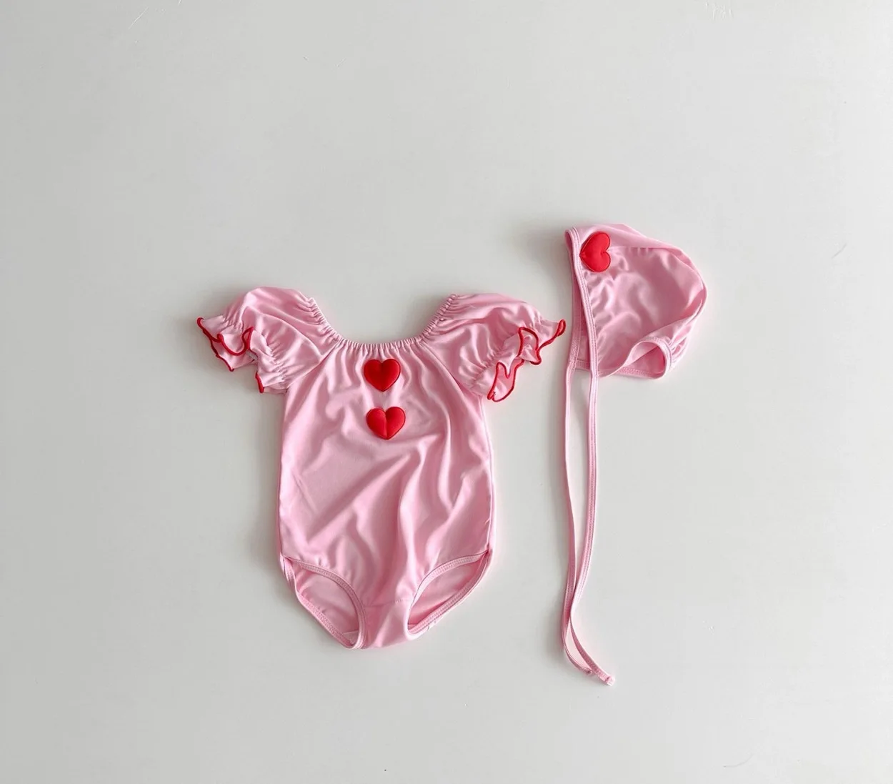 Summer Baby Girl Heart Bodysuit + Hat Kids Girls Puff Sleeve Swimsuit Cute Toddler Girl Jumpsuit Children Clothes 1-8 Years