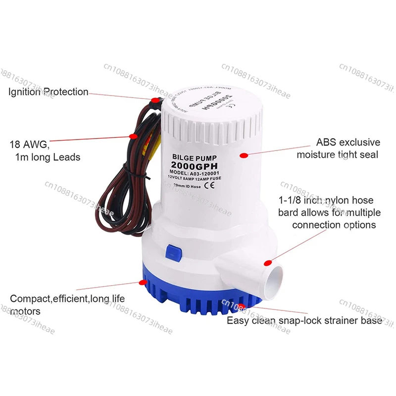 2000GPH 12V/24V Electric Bilge Pumps Boat Marine Plumbing Marine Bilge Pump Submersible Boat Bilge Water Pump,Non-Automatic