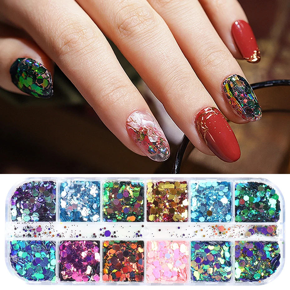 1Box Mirror Holographic Glitter Nail Art Sequin Paillette Hexagon Round Mermaid Spangle Sequins Decoration For Manicure JI1904-1