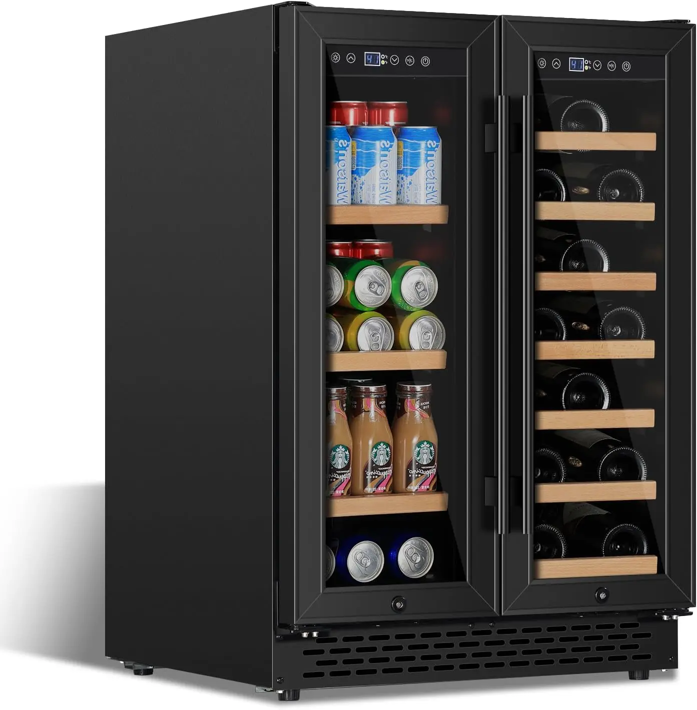 24 Inch Wine and Beverage Refrigerator Under Counter, Dual Zone Black Beverage Fridge with Glass Door&Lock