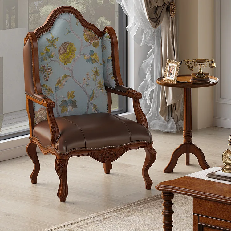 American tiger chair, country vintage solid wood chair, top layer cowhide single sofa chair, living room high-end backrest loung