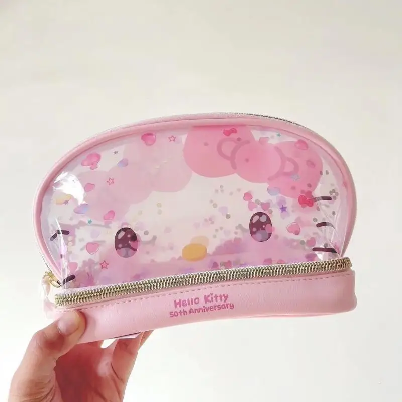 Hello Kitty Sanrio Bilayer Makeup Bag Double Sided Printing Sequin Storage Bag Portable Large Capacity Anime Peripheral Gifts