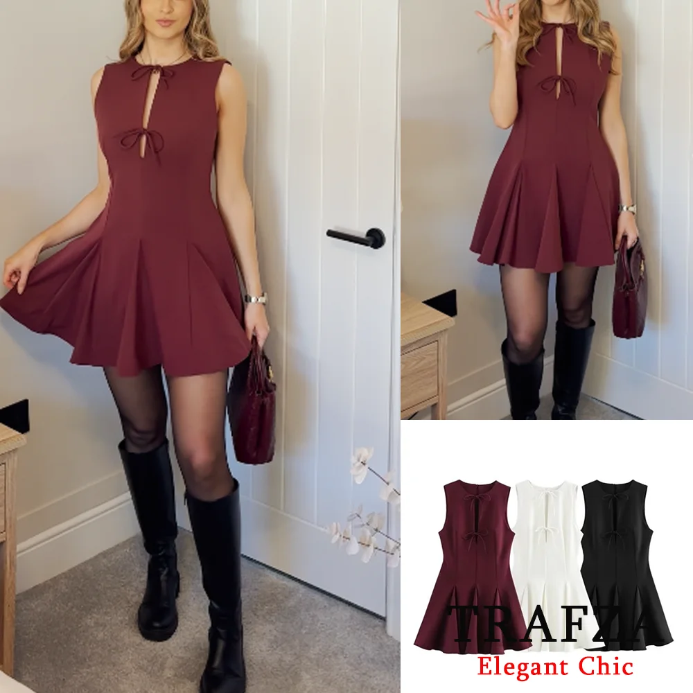 

TRAFZA Women Elegant Pleated Short Dress Bow Tie Sleeveless Dress New 2025 Fashion Spring Summer Casual Holiday Date Dress