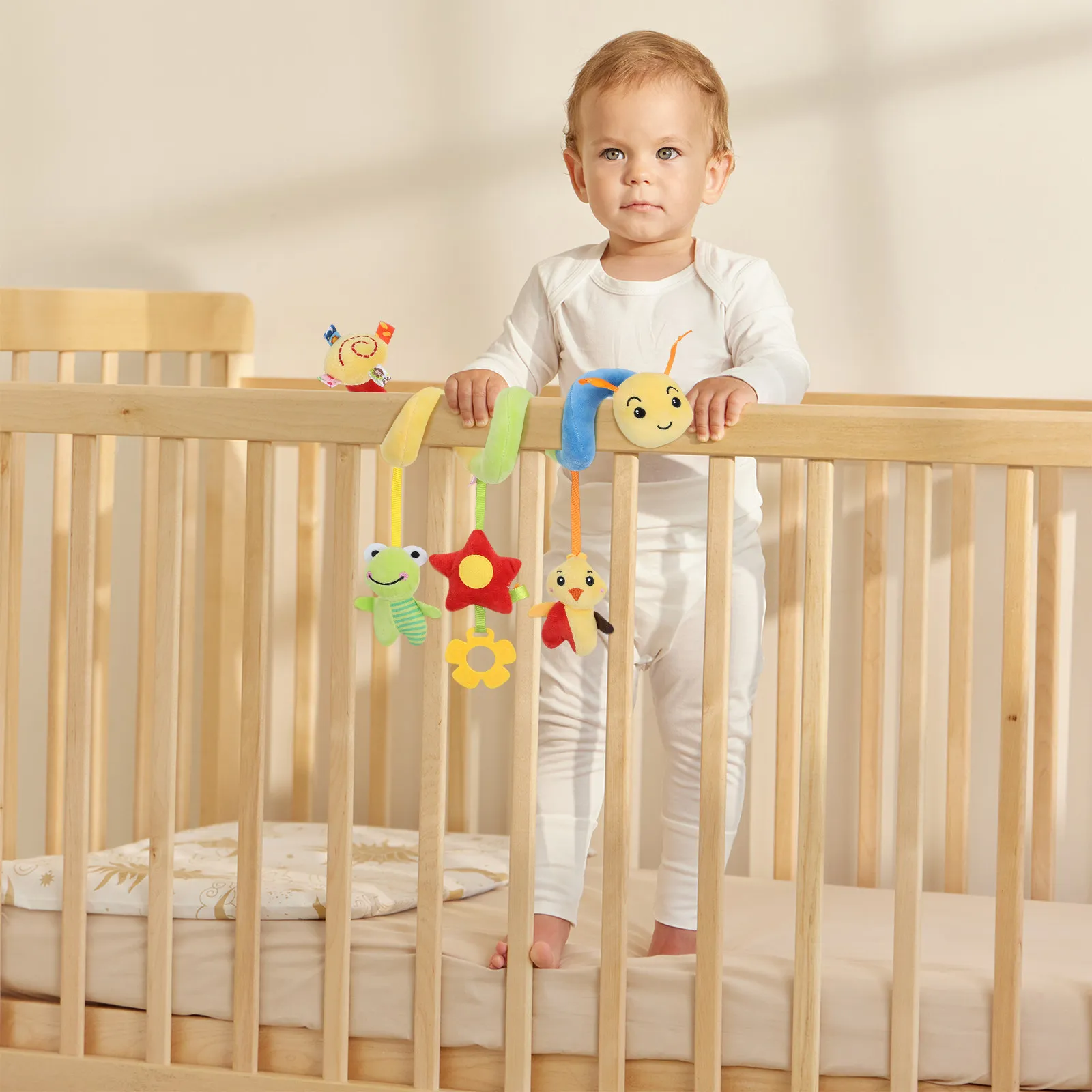 Soft Touch Caterpillar Crib Wrap Hanging Spiral for Infant Stroller Car Seat Squeaky Sound Developmental Activity 0-6 Months