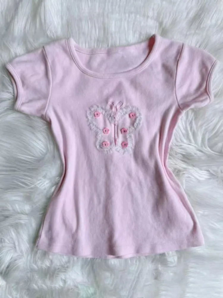 

Summer American Vintage Bow Embroidery Tees Women Y2K Harajuku Short Sleeve Tops Sweet Fashion Slim Fit Design T-Shirt New