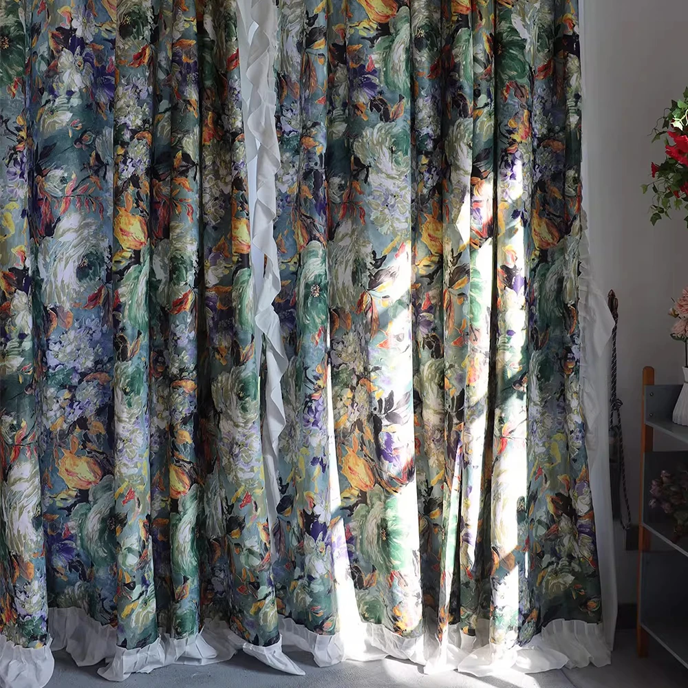 Kurzer Vorhang im Vintage-Monet-Ölgemälde-Druck mit Spitzenbesatz, leichter, lichtfilternder Café-Fenstervorhänge, romantische Heimdekoration