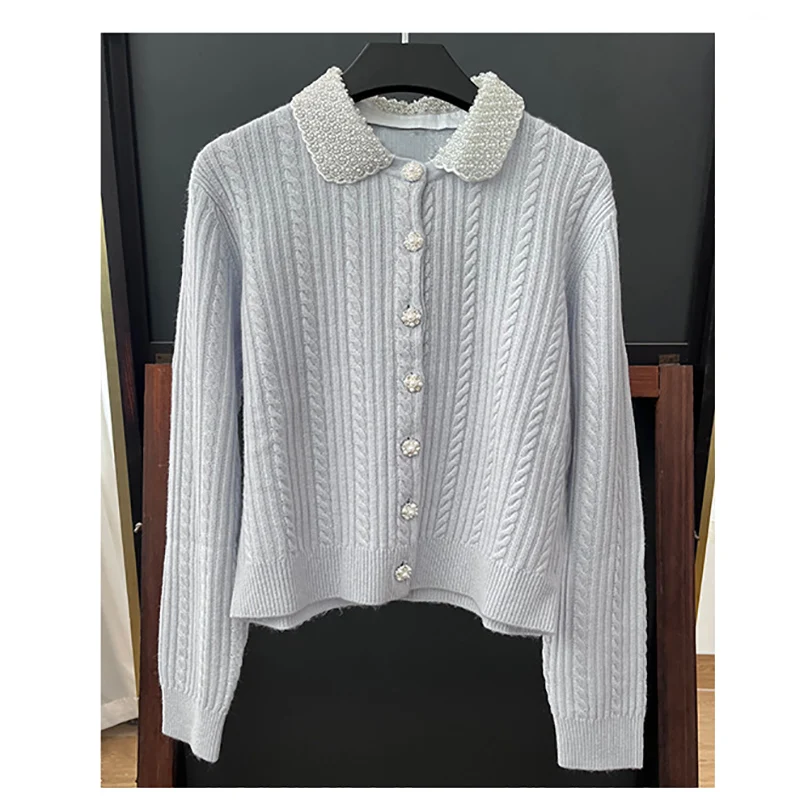 New fresh and sweet girl with light blue pearl design sense doll collar linen pattern knitted top woman