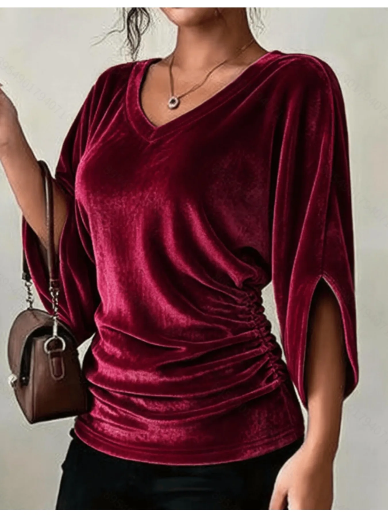 Women Plus Size Velvet Top V Neck 3/4 Split Sleeve Ruched Solid Casual Tee Autumn Winter Ladies T-shirt