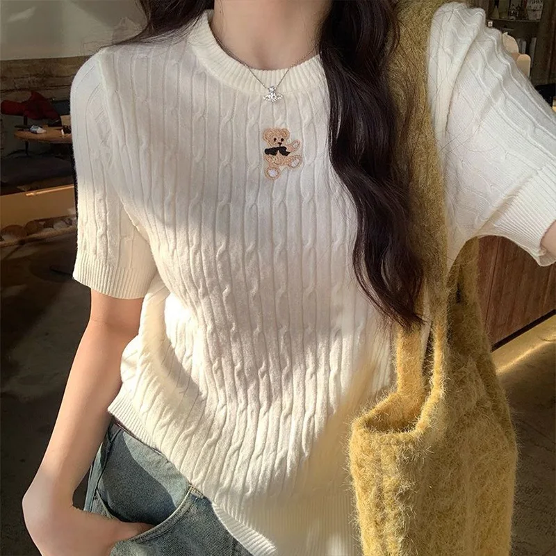 

Vintage Fashion Cartoon Embroidery Summer Knitted Short Sleeve Tops Women Clothing Casual Loose O-neck Soft T-Shirt