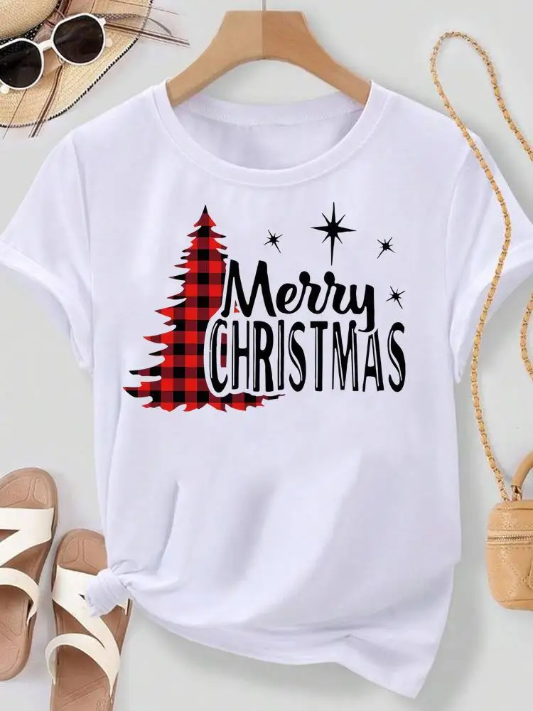 

Merry Christmas Clothes Top Tees Holiday Printed Fashion New Year Women Plaid Letter 90s T Shirts Clothing Graphic T-shirts