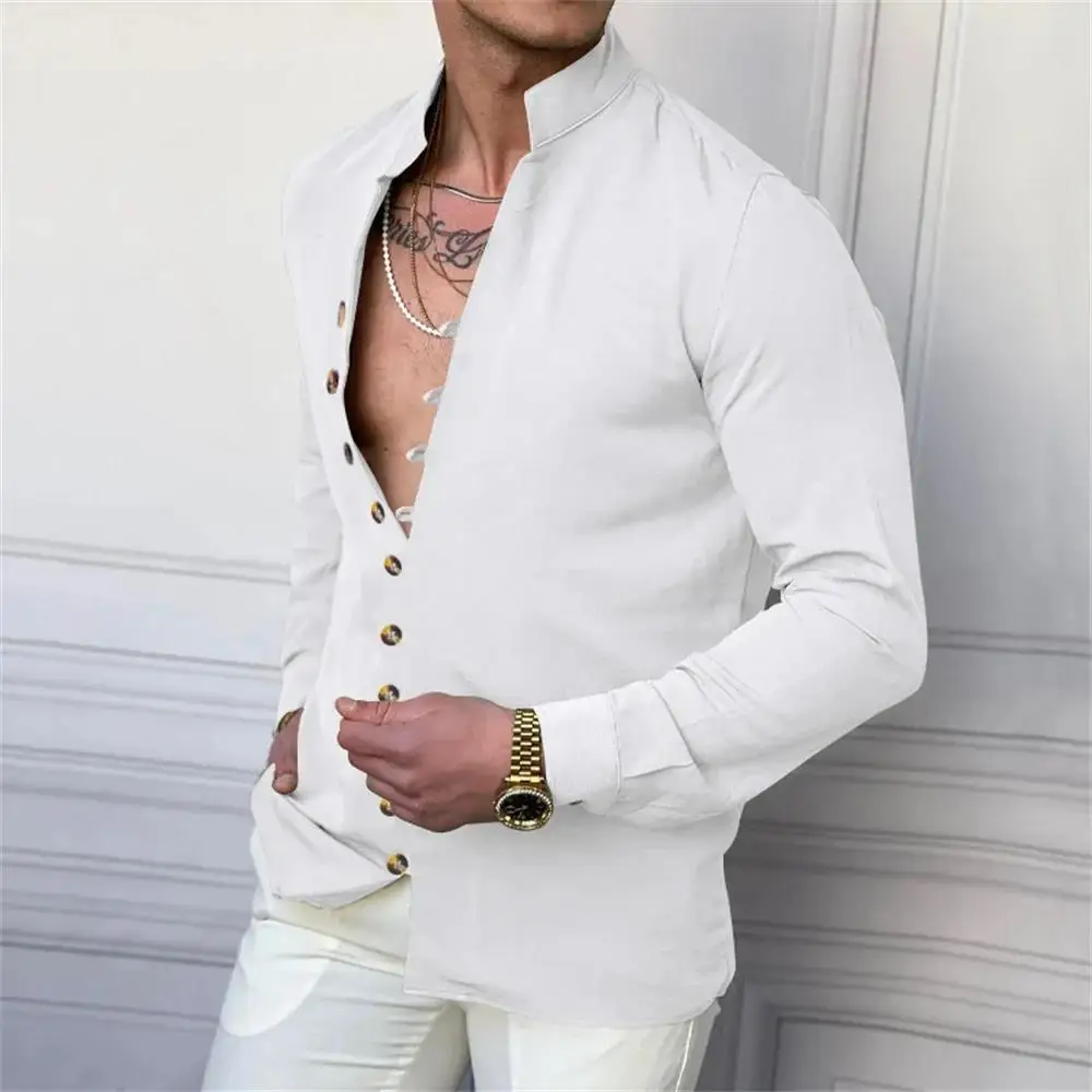 2025 린넨 남성 긴팔 셔츠 캐주얼 베이직 스타일 패션 싱글 브레스티드 셔츠 무슬림 남성 의류 헨리 남성 버튼업