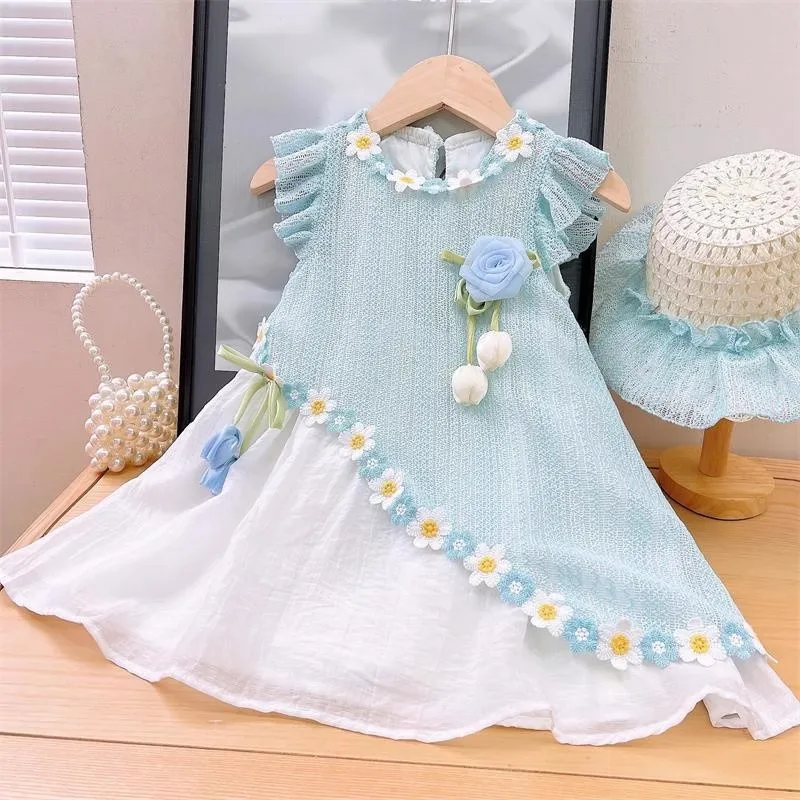 

TOY-Girls' Sleeveless Floral Trim Patchwork Irregular Dress2025Summer New Stylish Versatile Vest Dress for Children