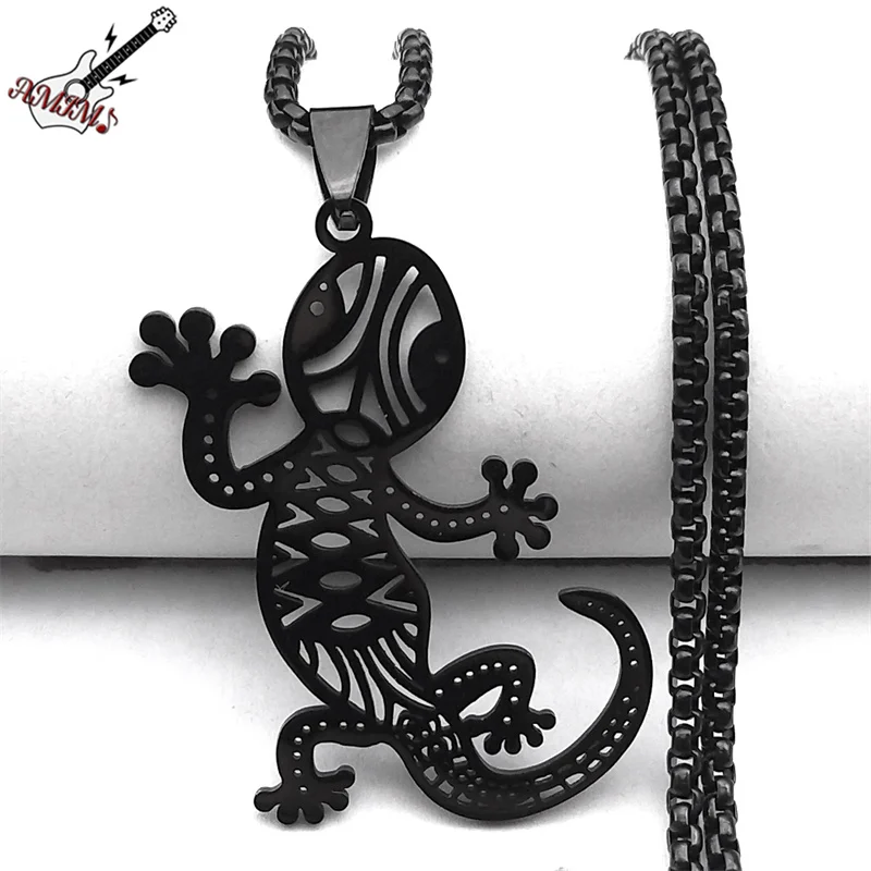 Goth House Lizard Gecko Hollow Pendant Necklace for Women Men Stainless Steel Black Animal Male Chain Jewelry colar NZZZ515S06