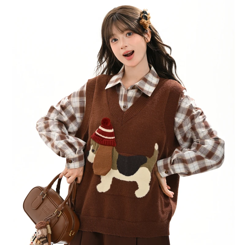 2025 Autumn New Retro Cute Cartoon Puppy Pullover Knitted Vest Round Neck Long Sleeve Soft Comfortable Casual Daily Sweater