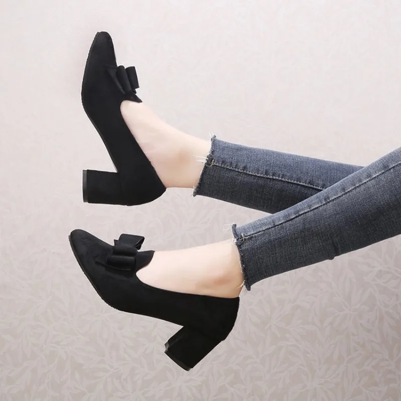 2024 Korean Fashion Butterfly Thick Heel Mid Heel Shoes Pointed Velvet Shoes image 4